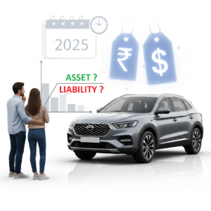 Couple contemplating car purchase decisions.