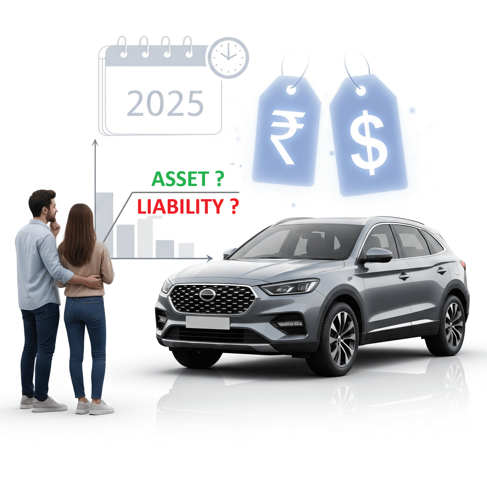 Couple contemplating car purchase decisions.