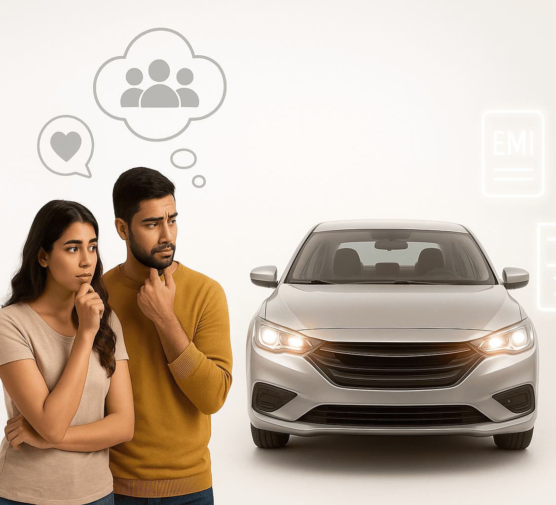 Couple contemplating car purchase options.
